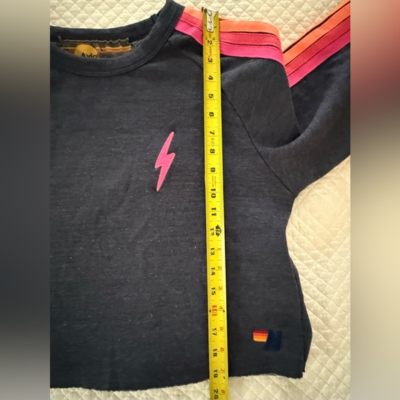 Aviator Nation Bolt Cropped Five Stripe Sweatshirt in Navy w/Neon Stripes SZ L - Picture 12 of 13